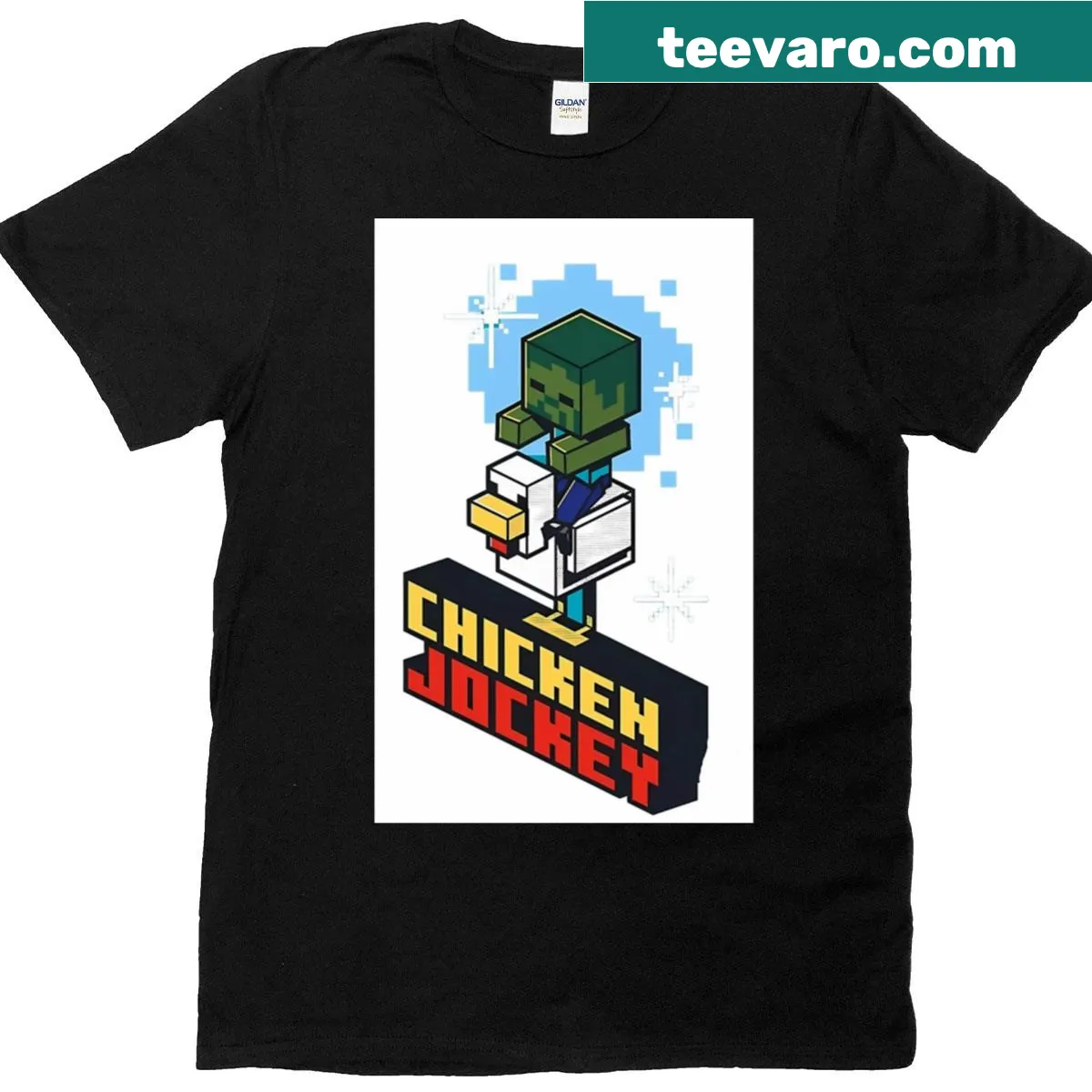 Minecraft-themed oversized Chicken Jockey t-shirt with humorous graphic — on a men's t-shirt
