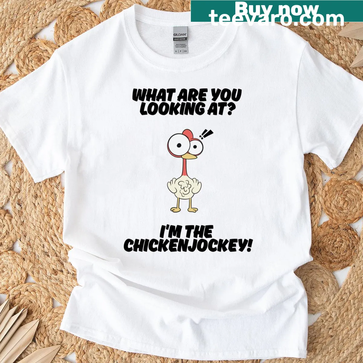 Pixelated chicken jockey graphic on a whimsical T-shirt — on a men's t-shirt