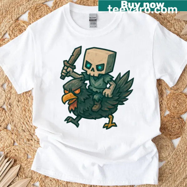 Humorous Chicken Jockey design with undead and lost files on t-shirt