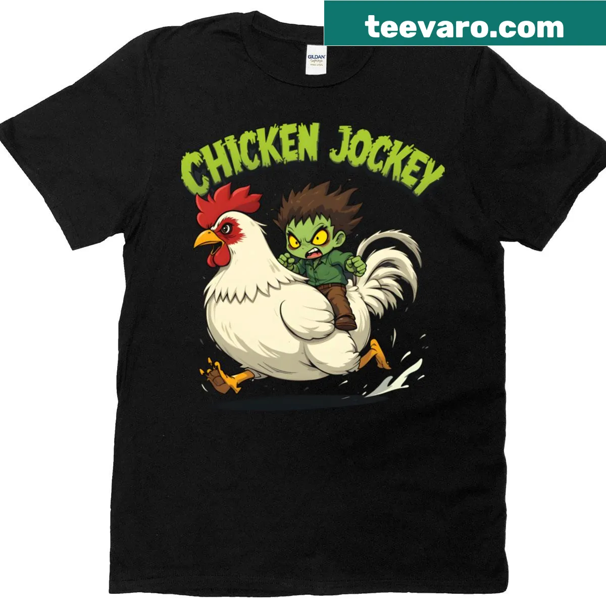 Cute chicken jockey riding a zombie design for birthday boys — on a men's t-shirt