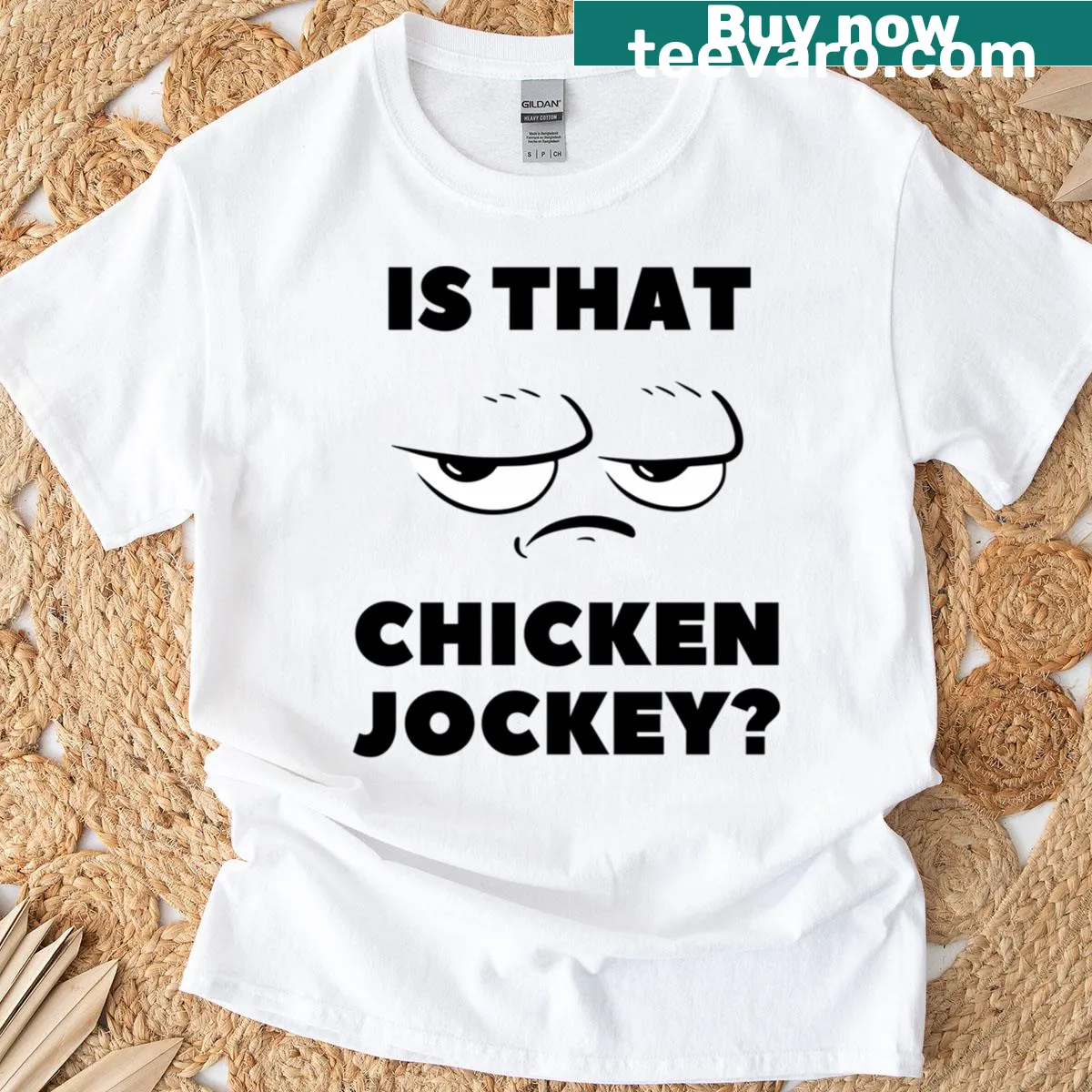 Skeleton rider on chicken jockey in blocky horror style — on a men's t-shirt