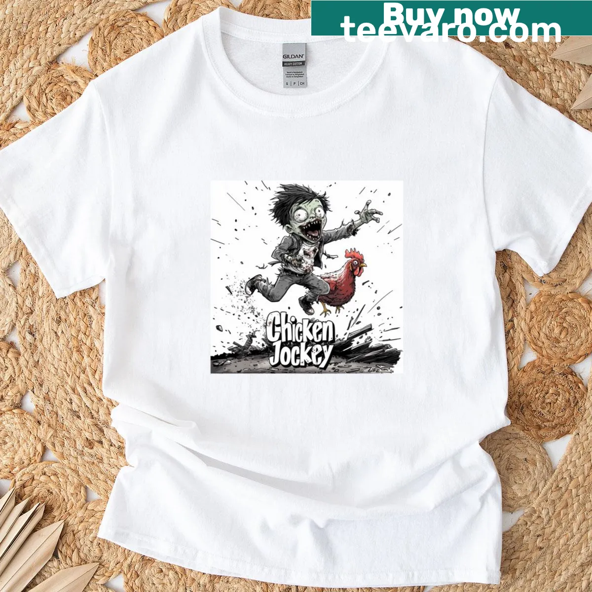 Zombie rider graphic featuring a chicken jockey on a horror-themed T-shirt — on a men's t-shirt