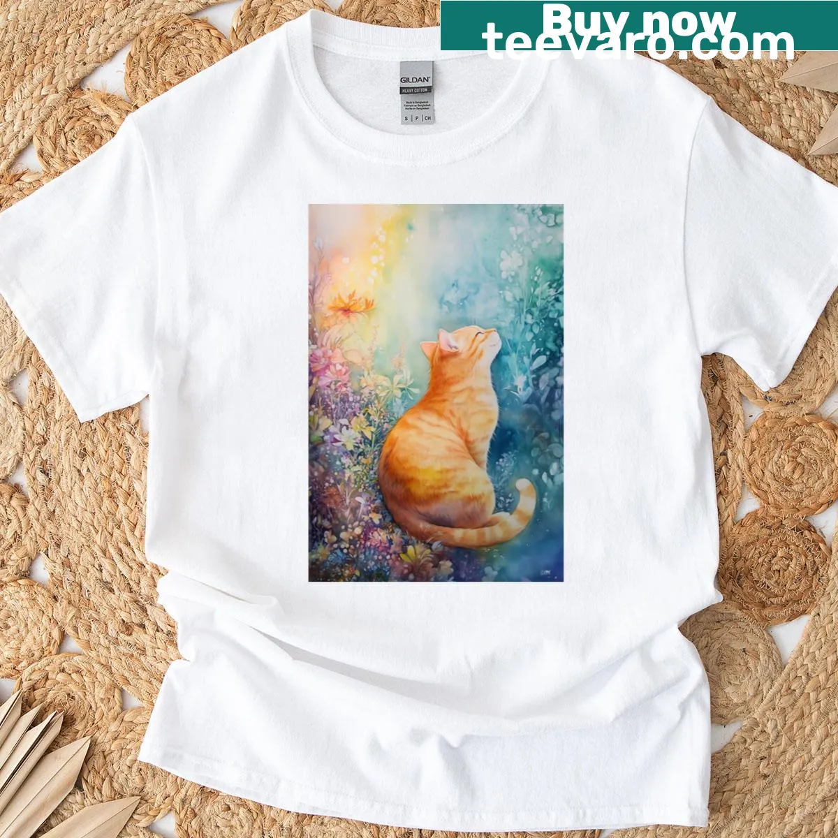Illustration of a relaxed ginger cat in a garden setting — on a men's t-shirt