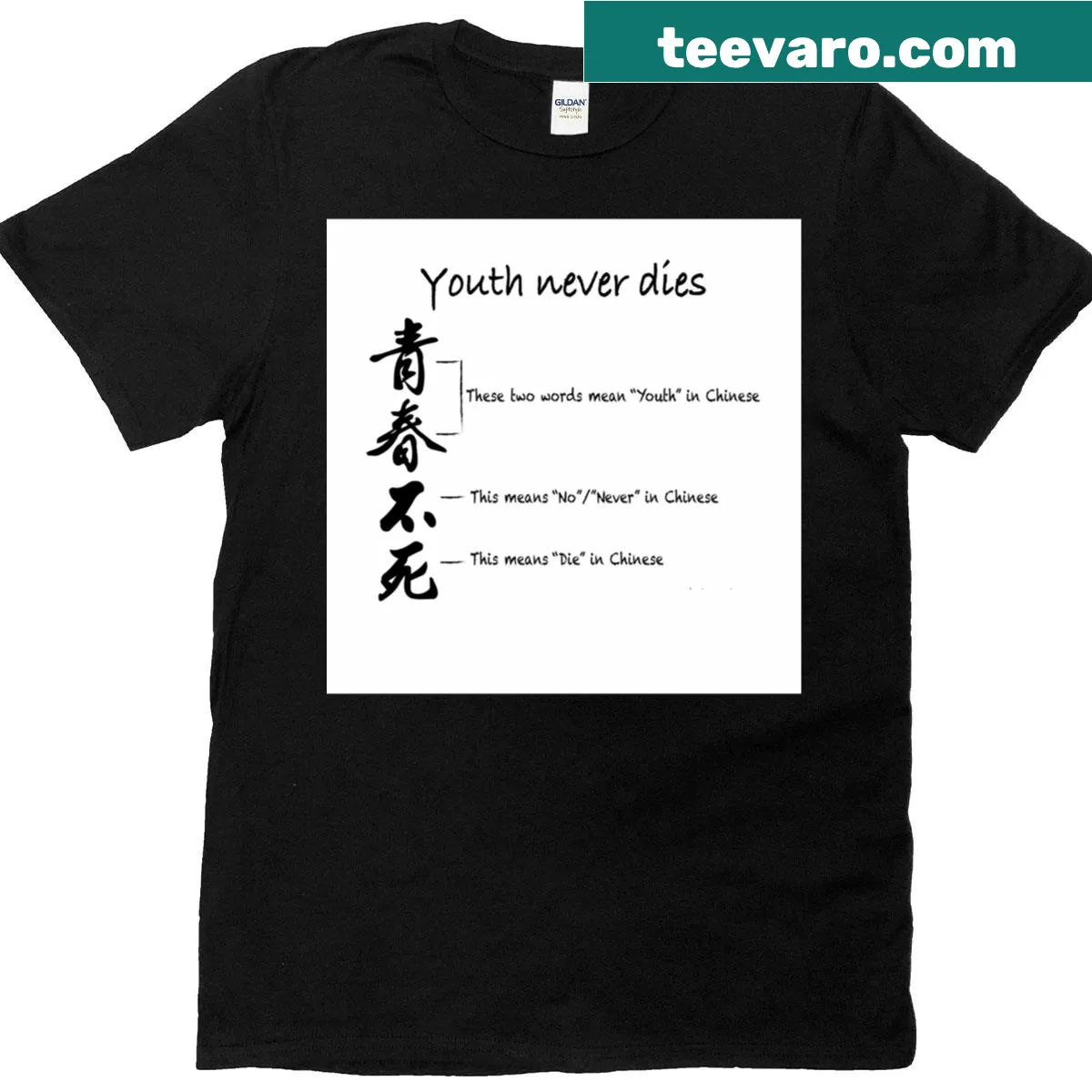 Oversized T-shirt featuring Chinese writing with English translation — on a men's t-shirt