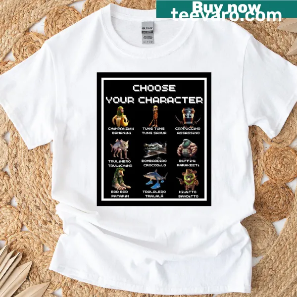 Retro gaming character selection graphic on a t-shirt