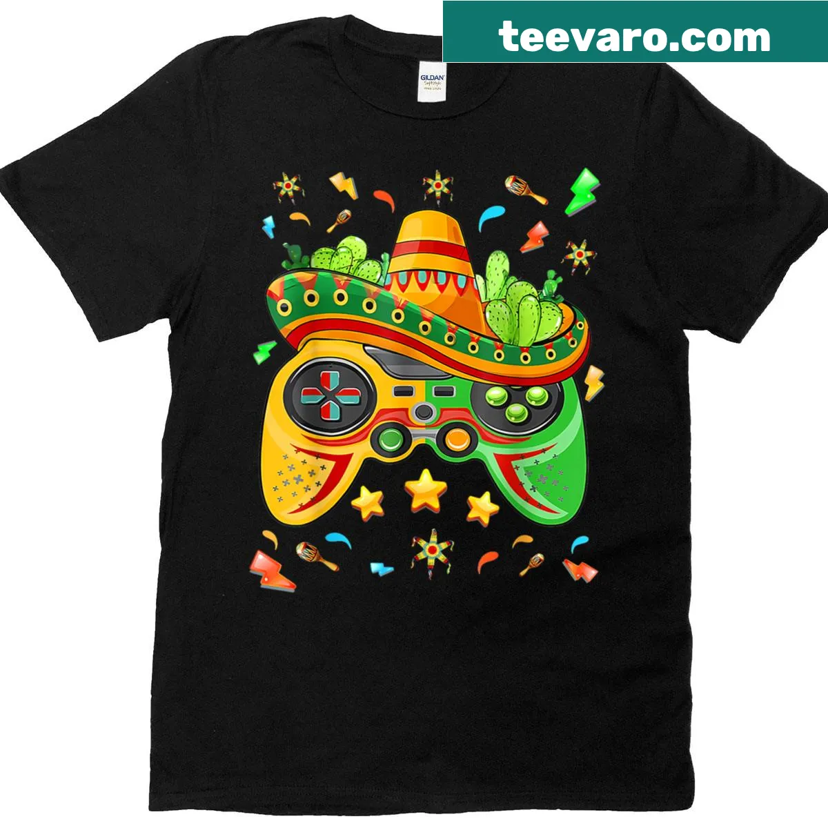 Playful Cinco de Mayo graphic T-shirt for boys featuring video game elements — on a men's t-shirt