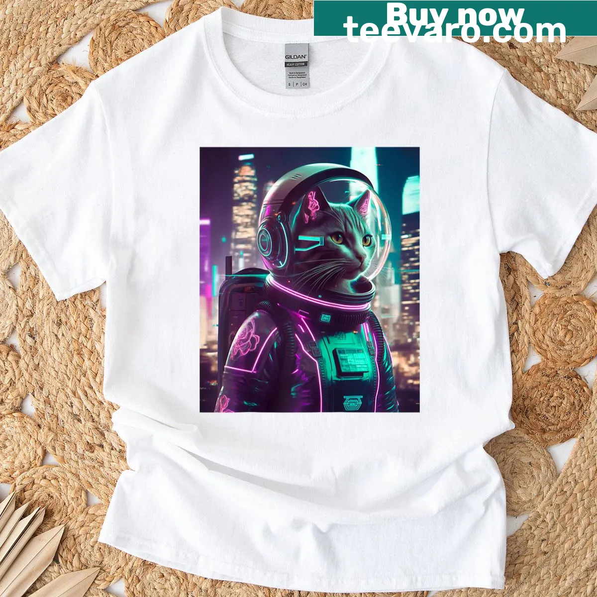 Raglan tee with a cyberpunk cat graphic in space — on a men's t-shirt