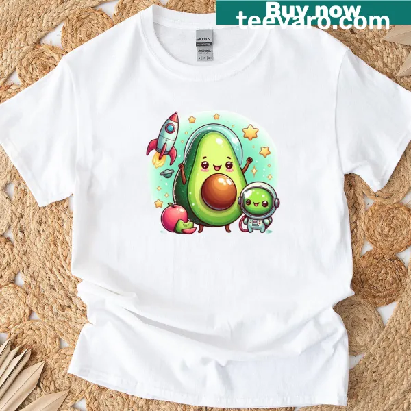Whimsical avocado character in a cosmic adventure graphic T-shirt