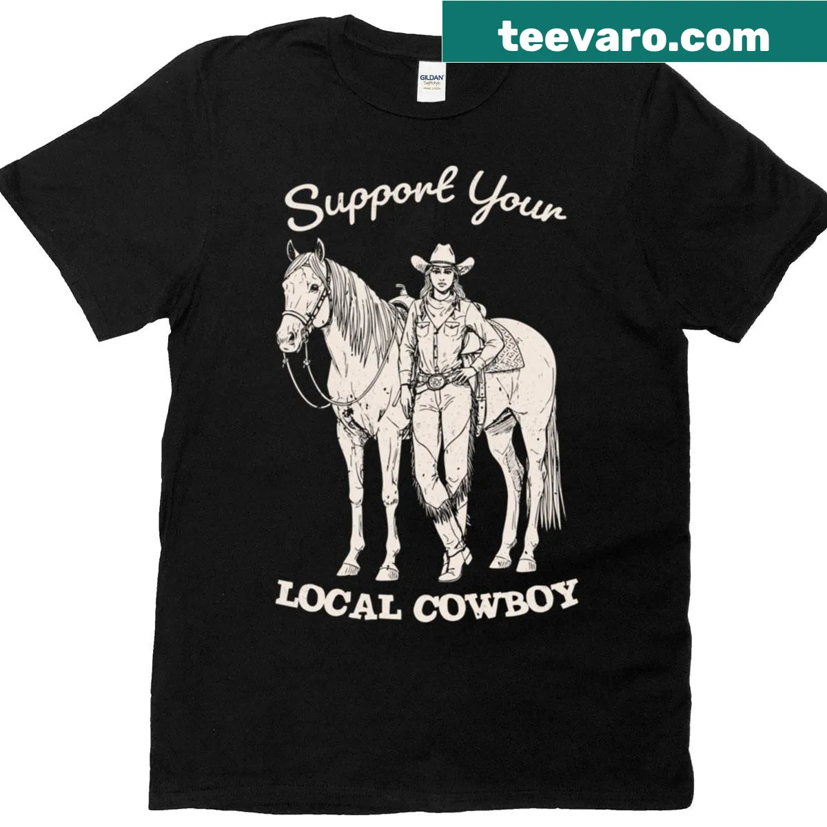 Illustration of a cowgirl with a horse on a rustic themed oversized T-shirt — on a men's t-shirt
