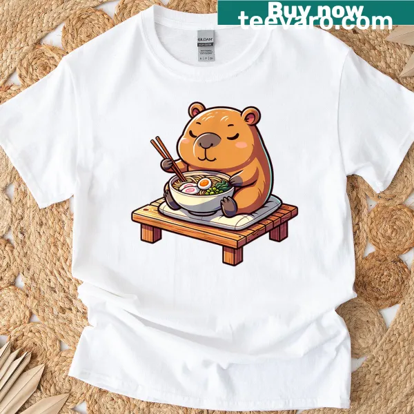 Illustration of a cute capybara eating ramen in anime style