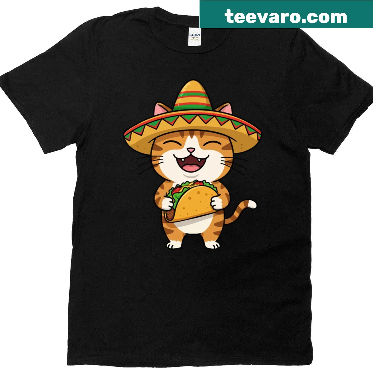 Cute cat wearing a sombrero and holding a taco graphic t-shirt — on a men's t-shirt