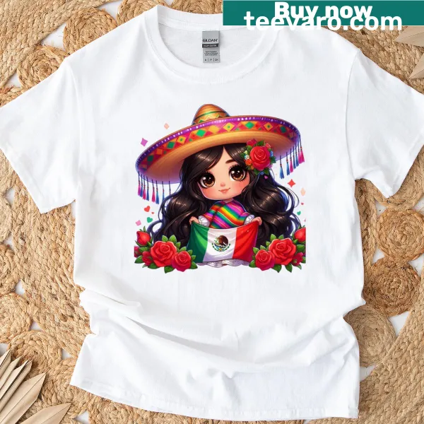 Chibi Bonita design with Mexican flag and roses on t-shirt