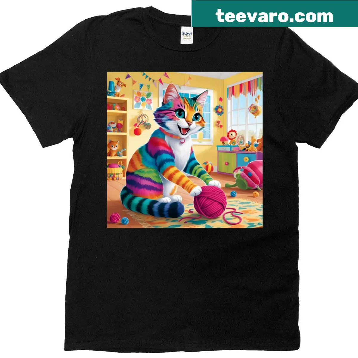 Fantasy themed T-shirt featuring a cute cat design — on a men's t-shirt