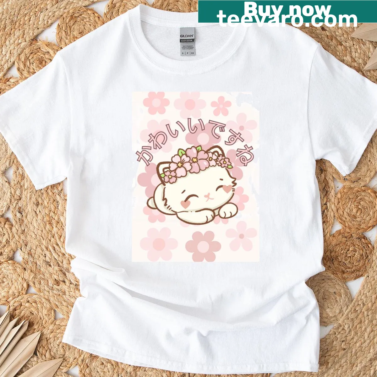 Kawaii cream cat with sakura flowers design on t-shirt — on a men's t-shirt