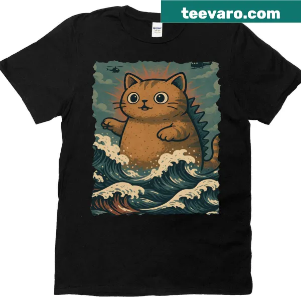 Vintage style T-shirt with kaiju cat in the ocean illustration