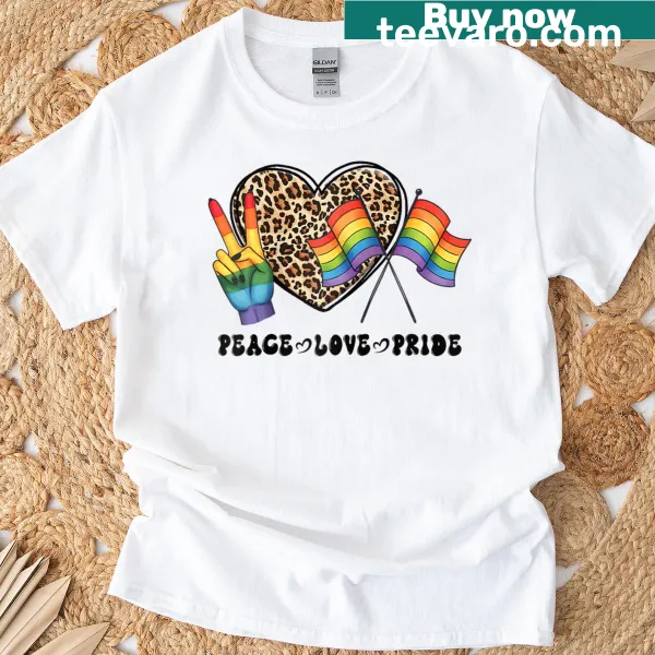 Leopard heart with peace and pride symbols on a raglan t-shirt