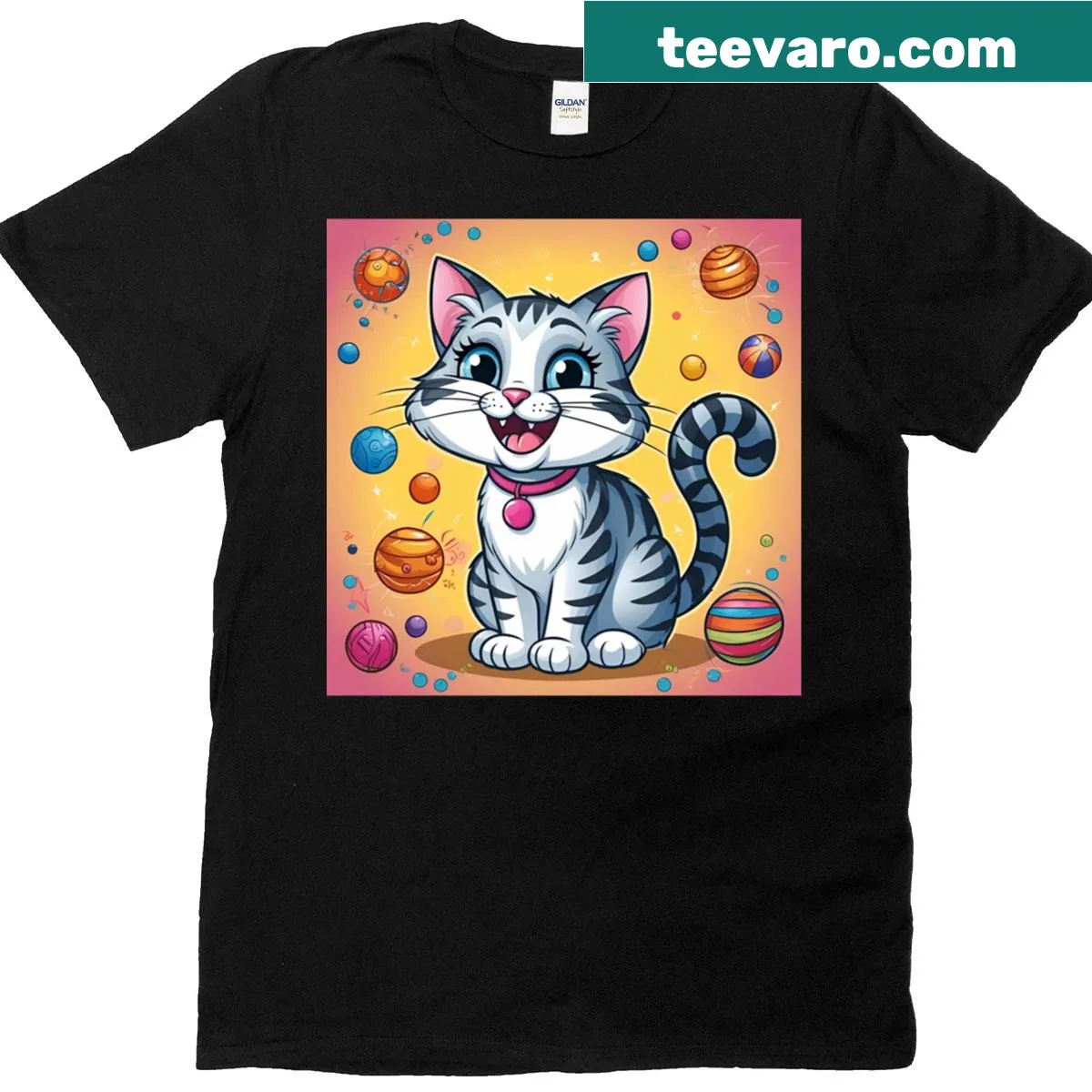 Cute young cat with colorful balls illustration on T-shirt — on a men's t-shirt