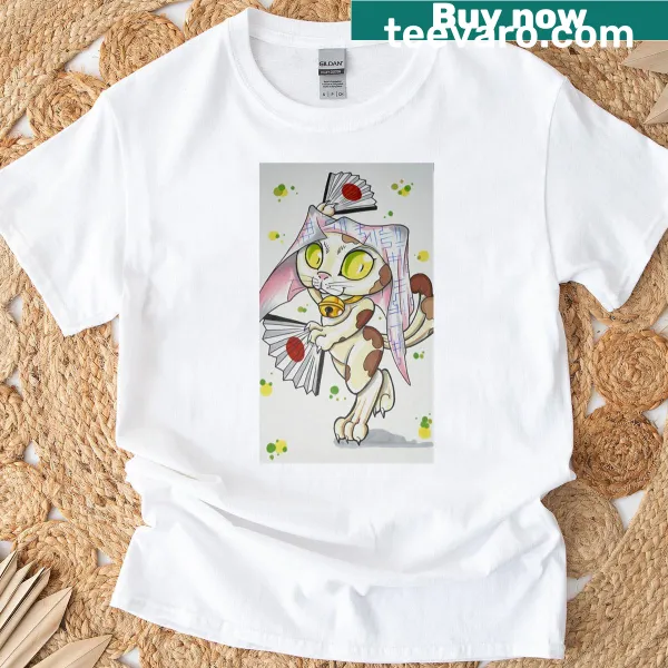 Dancing neko cat graphic on a playful T-shirt