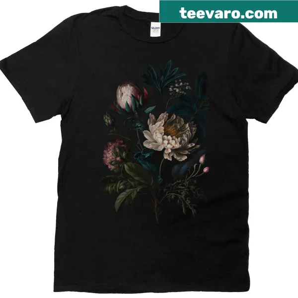 Illustration of peonies on a dark academia themed T-shirt