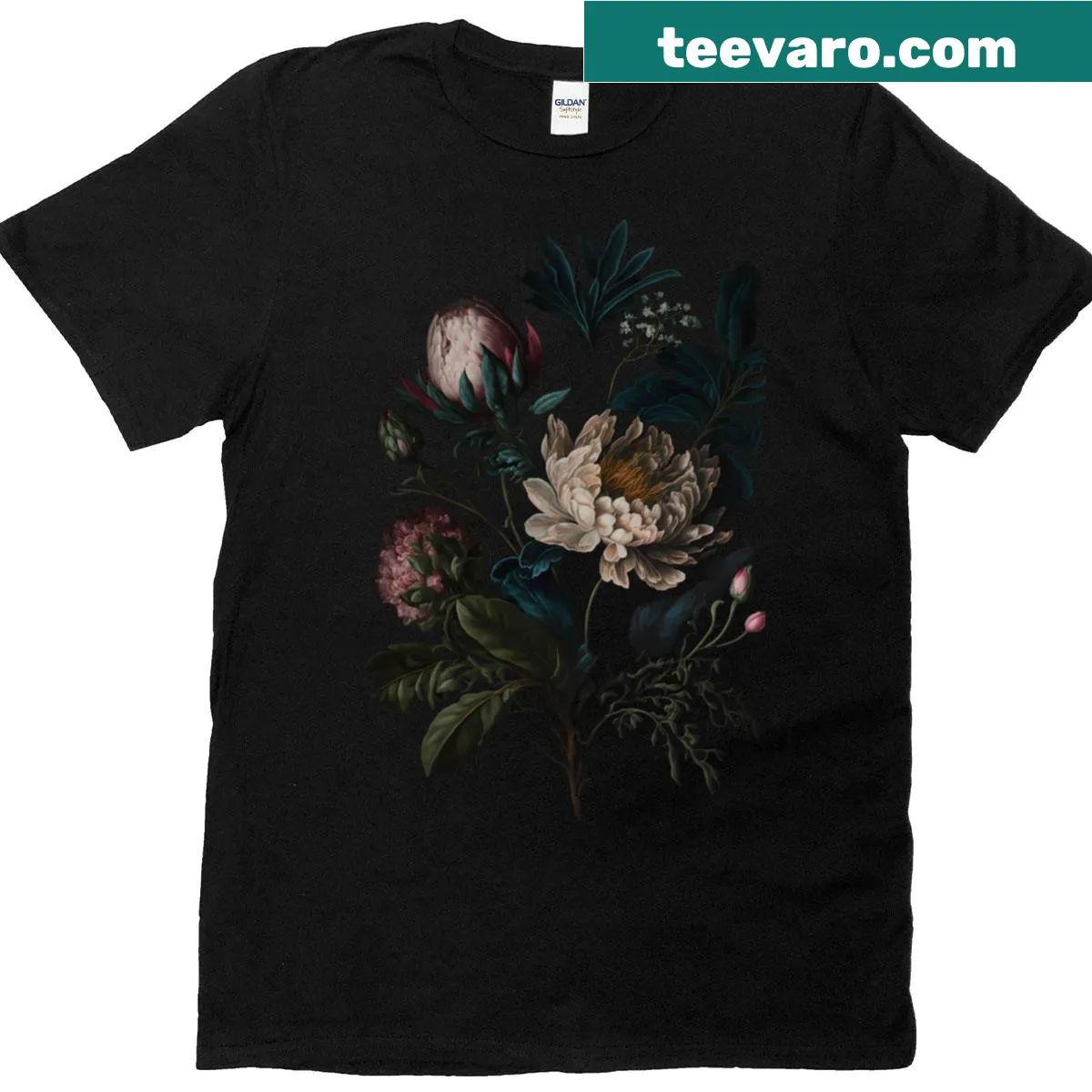 Illustration of peonies on a dark academia themed T-shirt — on a men's t-shirt