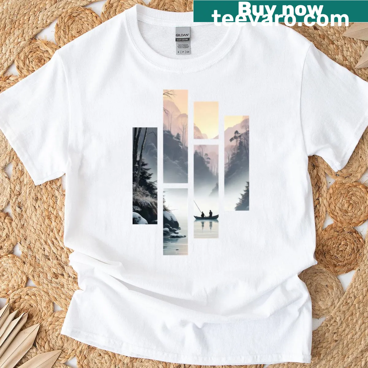 Illustration of dawn over a misty valley on a t-shirt — on a men's t-shirt