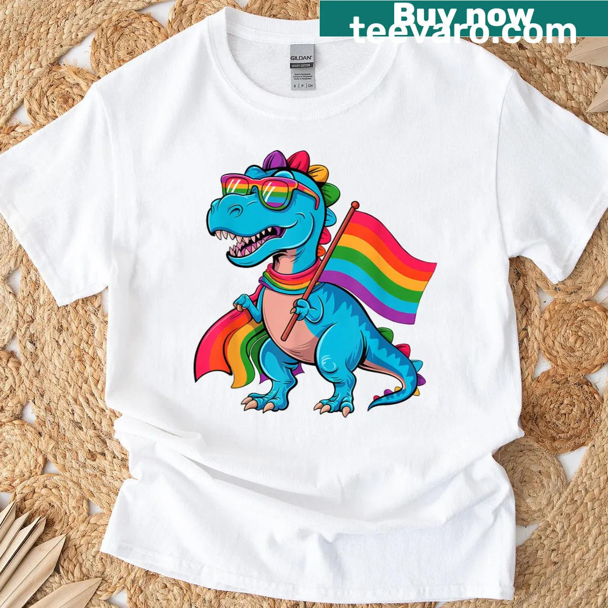 T-rex with sunglasses and rainbow flag graphic on a pride-themed T-shirt — on a men's t-shirt