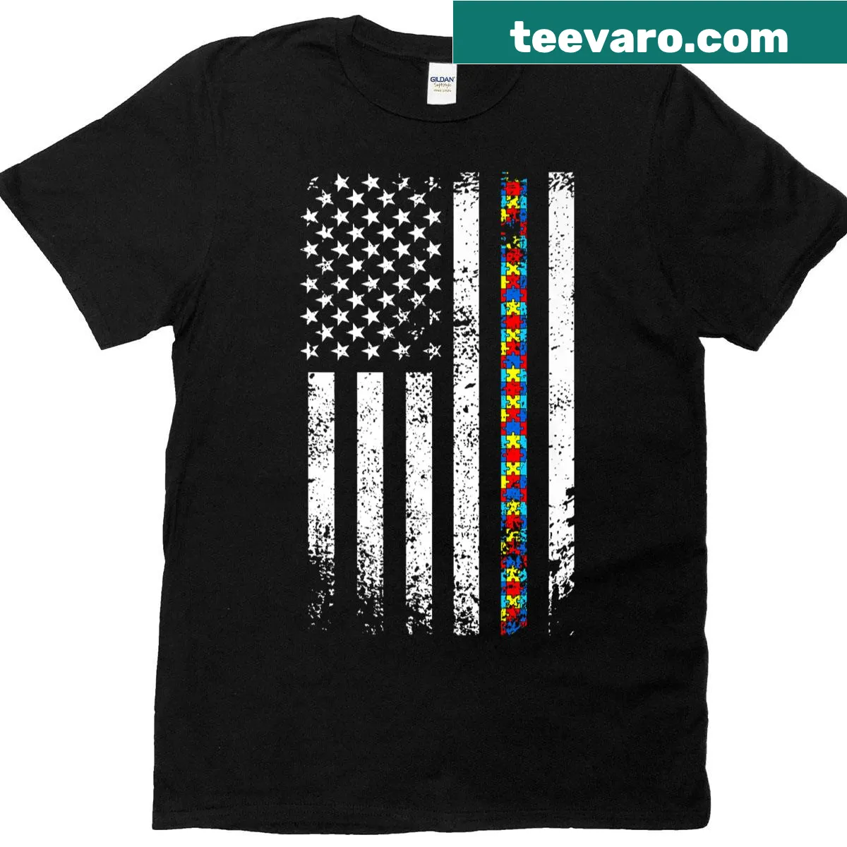 Vintage distressed USA flag with autism puzzle piece graphic — on a men's t-shirt