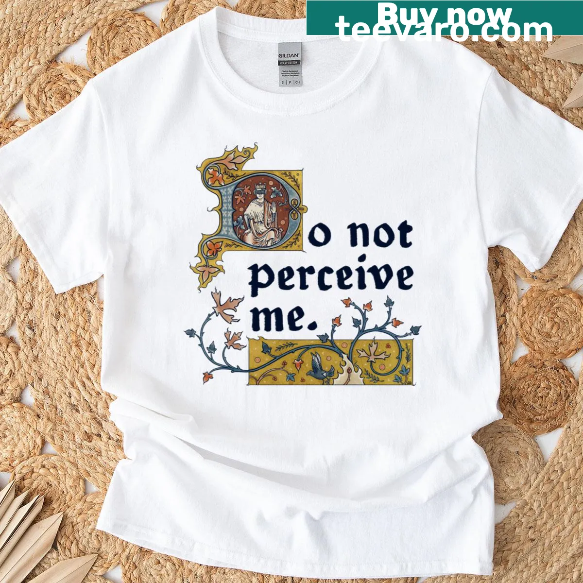 Illustrative medieval style graphic with humorous text on a T-shirt — on a men's t-shirt