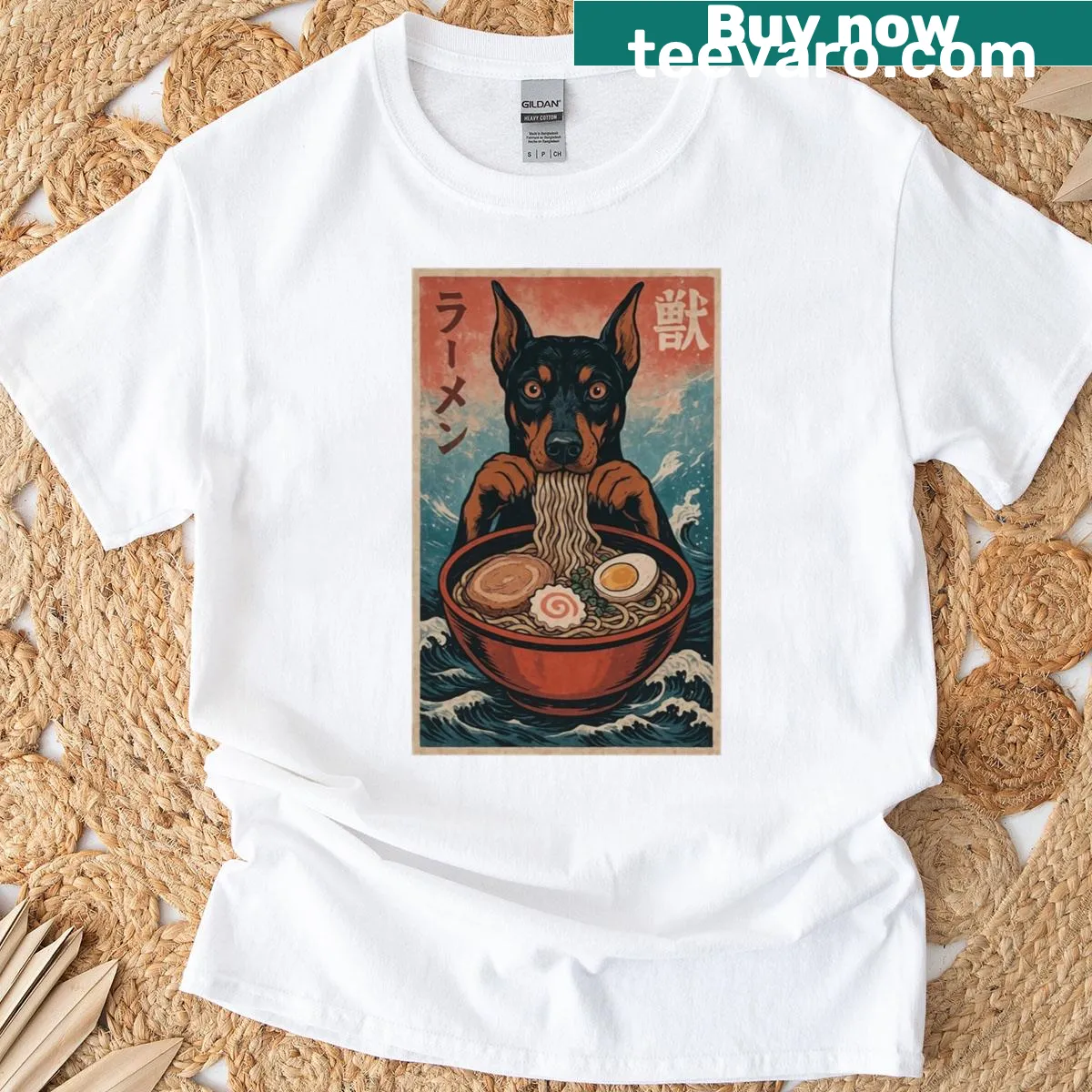 Cute Doberman Pinscher dog eating ramen in kawaii style — on a men's t-shirt