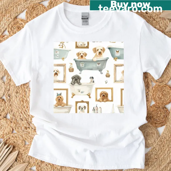 Cartoon dog in a bath with bubbles on a T-shirt