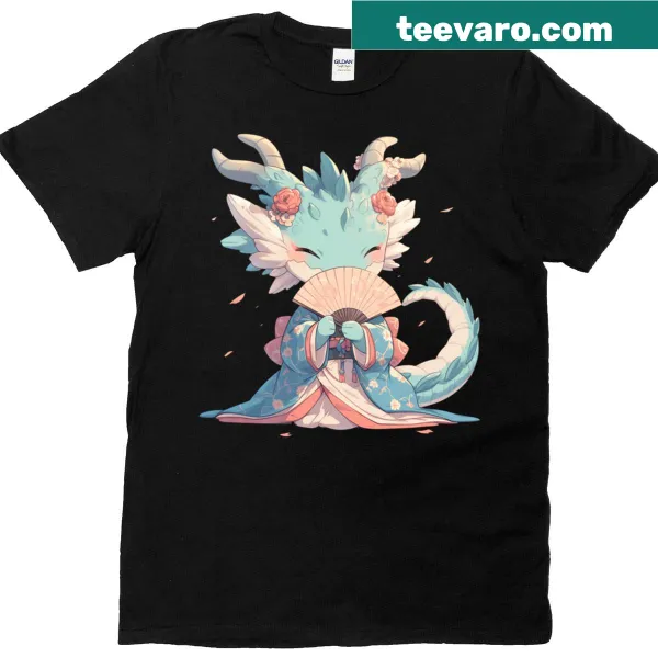 Kawaii dragon t-shirt with dragon as Japanese geisha holding a fan