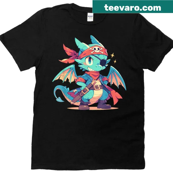 Kawaii dragon t-shirt featuring a dragon dressed as a pirate