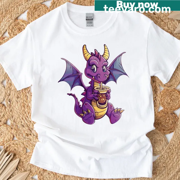 Kawaii dragon drinking bubble tea graphic on a T-shirt.
