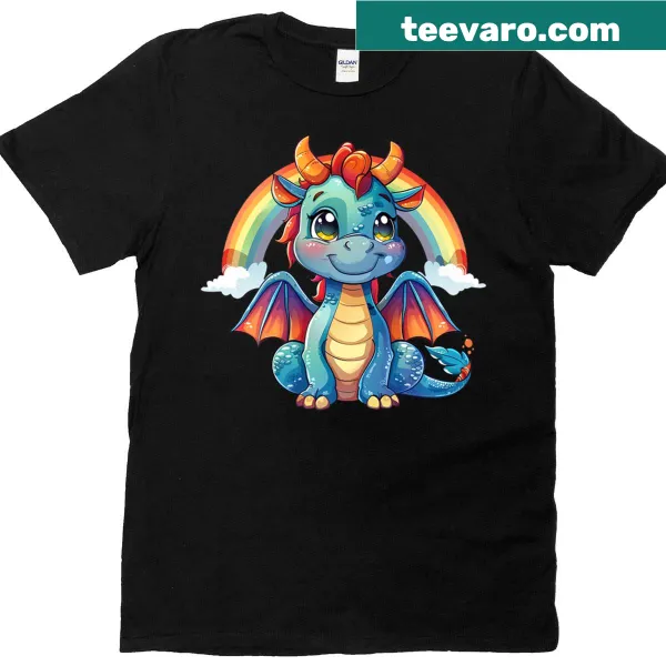 Kawaii t-shirt with dragon sitting under a rainbow