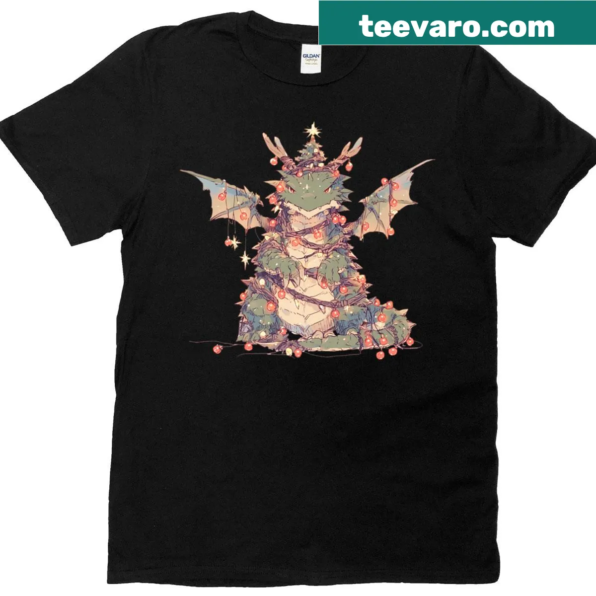 Playful dragon wrapped in Christmas lights on a T-shirt — on a men's t-shirt