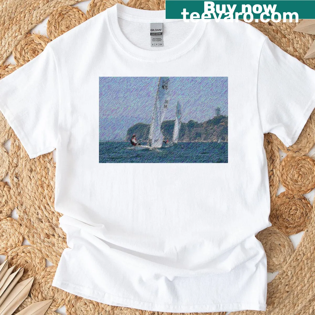 Line-art illustration of Enoshima on a casual t-shirt — on a men's t-shirt