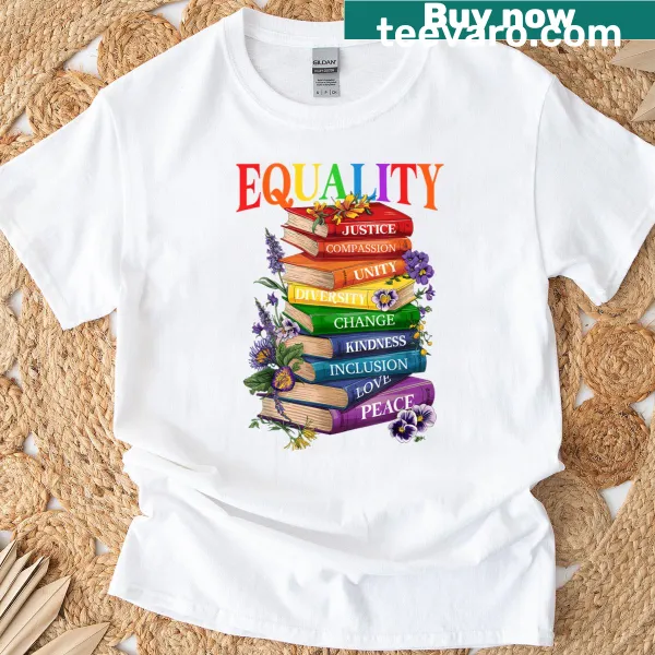 LGBT equality-themed T-shirt featuring flowers and books