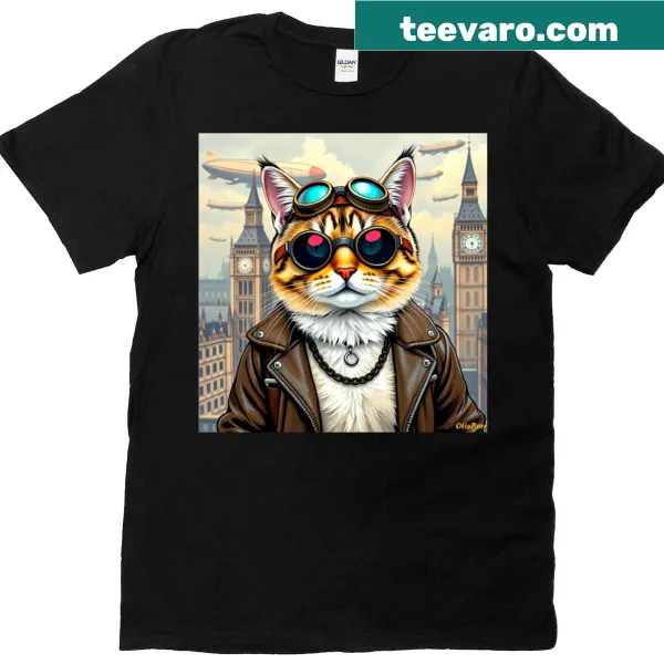 Oversized shirt with a whimsical Bengal cat in exploration gear