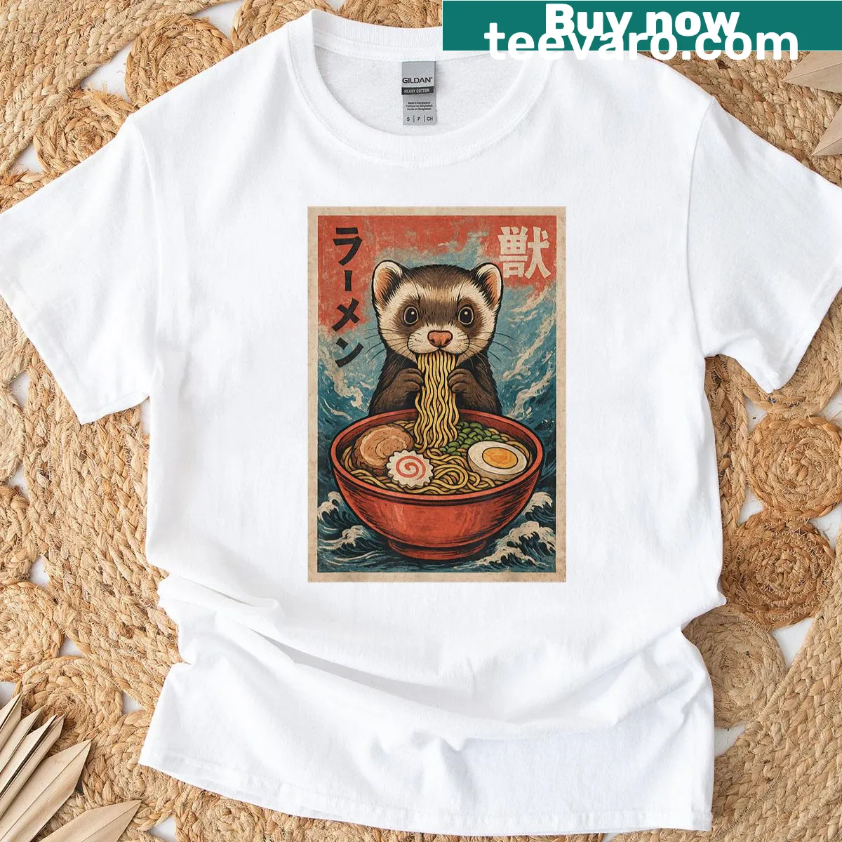 Kawaii t-shirt with a ferret eating ramen, perfect for pet lovers — on a men's t-shirt