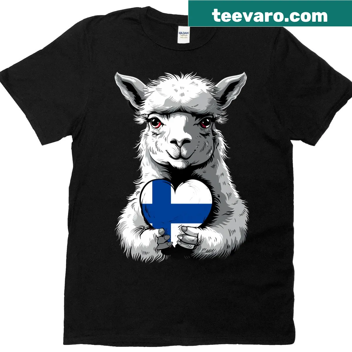 T-shirt with Finland flag and llama graphic for Finnish pride — on a men's t-shirt