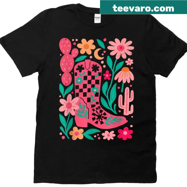 Cowgirl T-shirt with floral Western boots graphic for women
