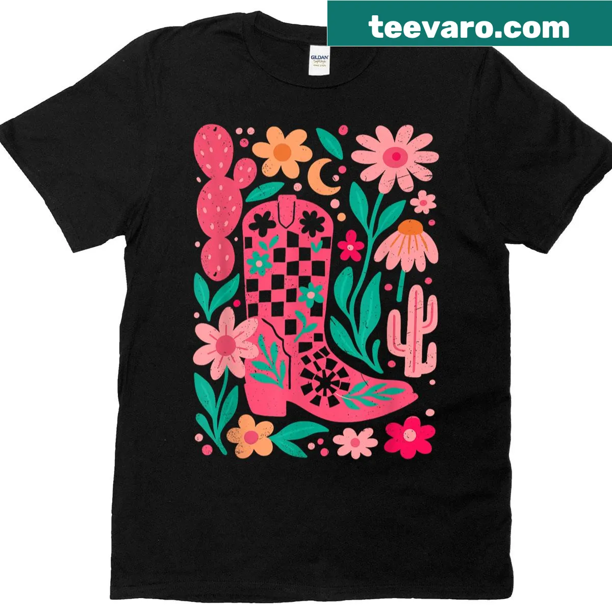 Cowgirl T-shirt with floral Western boots graphic for women — on a men's t-shirt