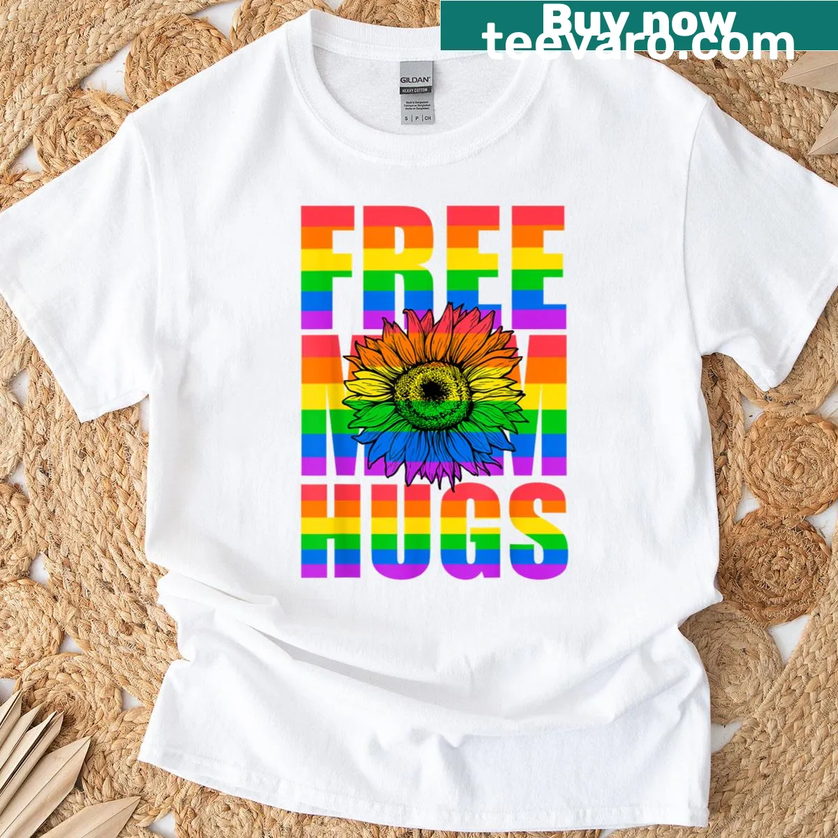 T-shirt with 'Free Mom Hugs' and rainbow heart design — on a men's t-shirt