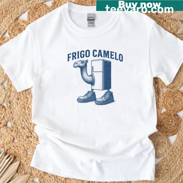 Whimsical graphic of a camel next to a fridge on a t-shirt
