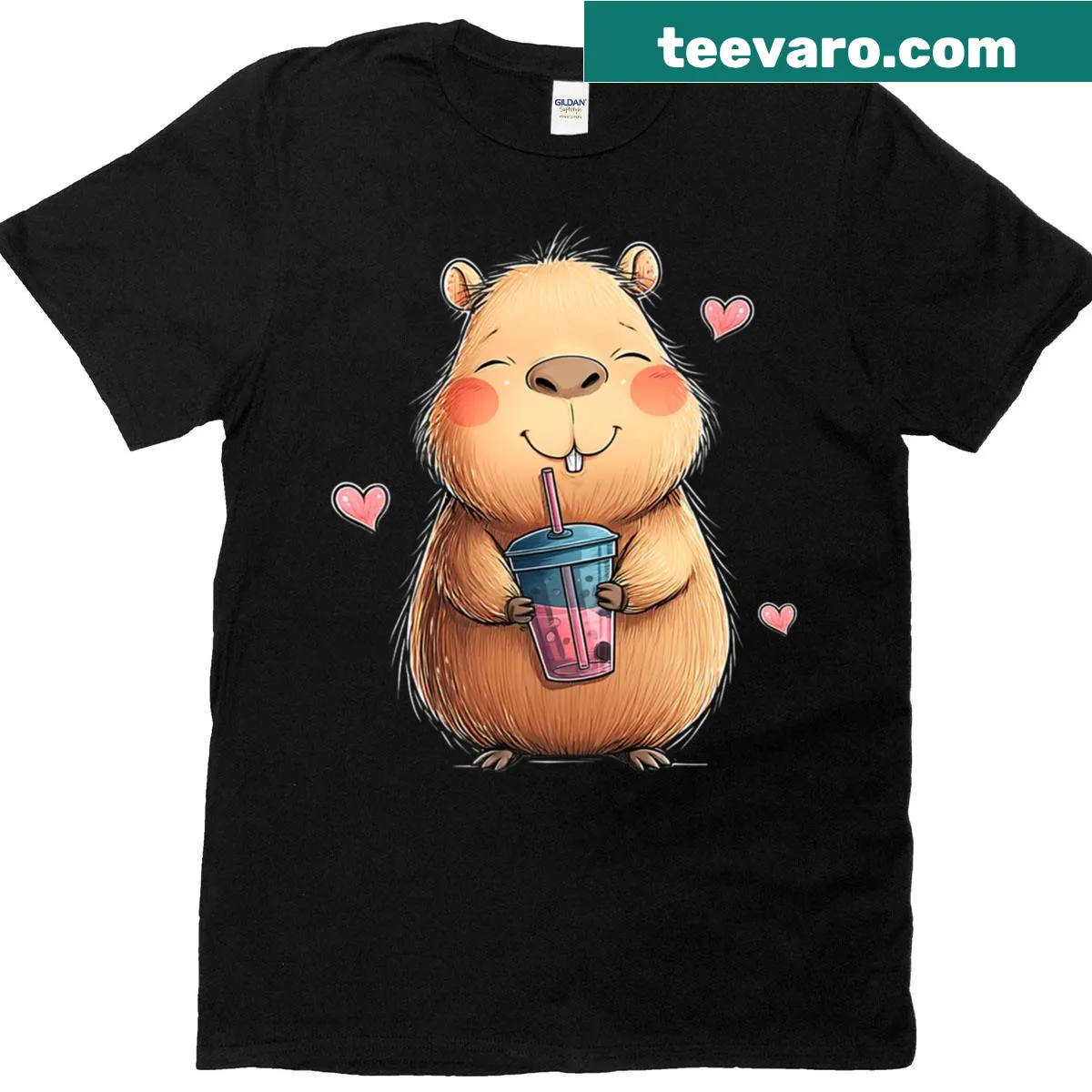 Capybara drinking bubble tea graphic on a humorous T-shirt — on a men's t-shirt