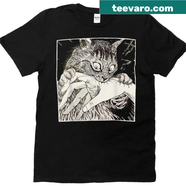 Funny cat graphic inspired by Japanese anime on a T-shirt