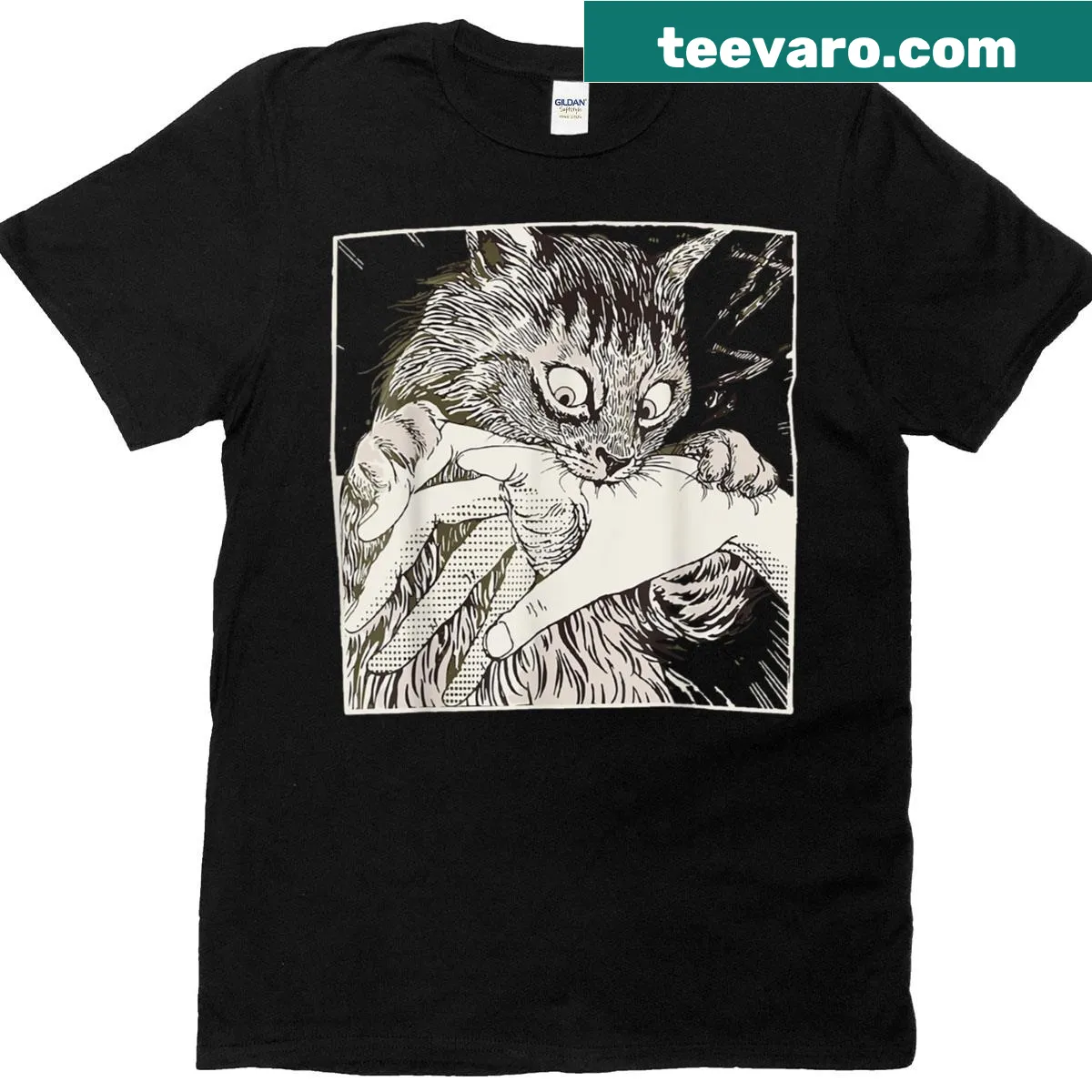 Funny cat graphic inspired by Japanese anime on a T-shirt — on a men's t-shirt