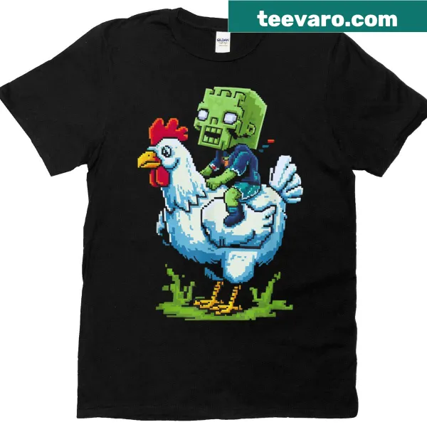 Pixel art jock chicken zombie graphic on a funny kids T-shirt