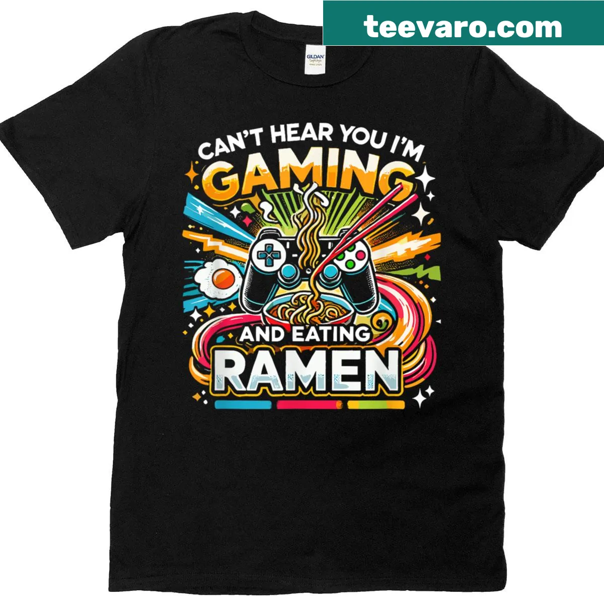 Graphic of ramen noodles with gaming elements for a humorous gamer tee — on a men's t-shirt