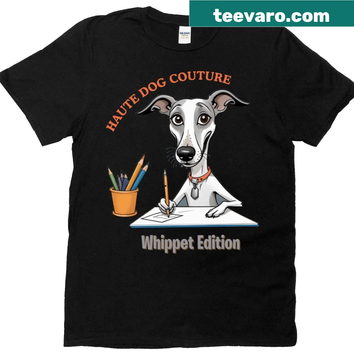 Cartoon portrait of a whippet for a humorous pet lover tee — on a men's t-shirt